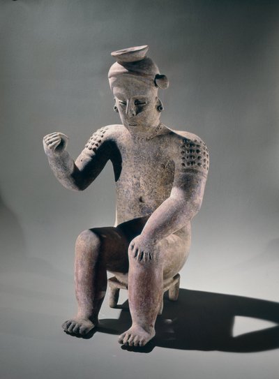 Effigy jar showing a man seated on a small stool, Colima style by Pre Columbian Pre Columbian